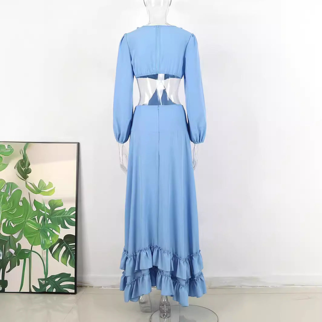 South France Pure Blue Deep V-neck Midriff Outfit Women's Long Sleeve Long Dress