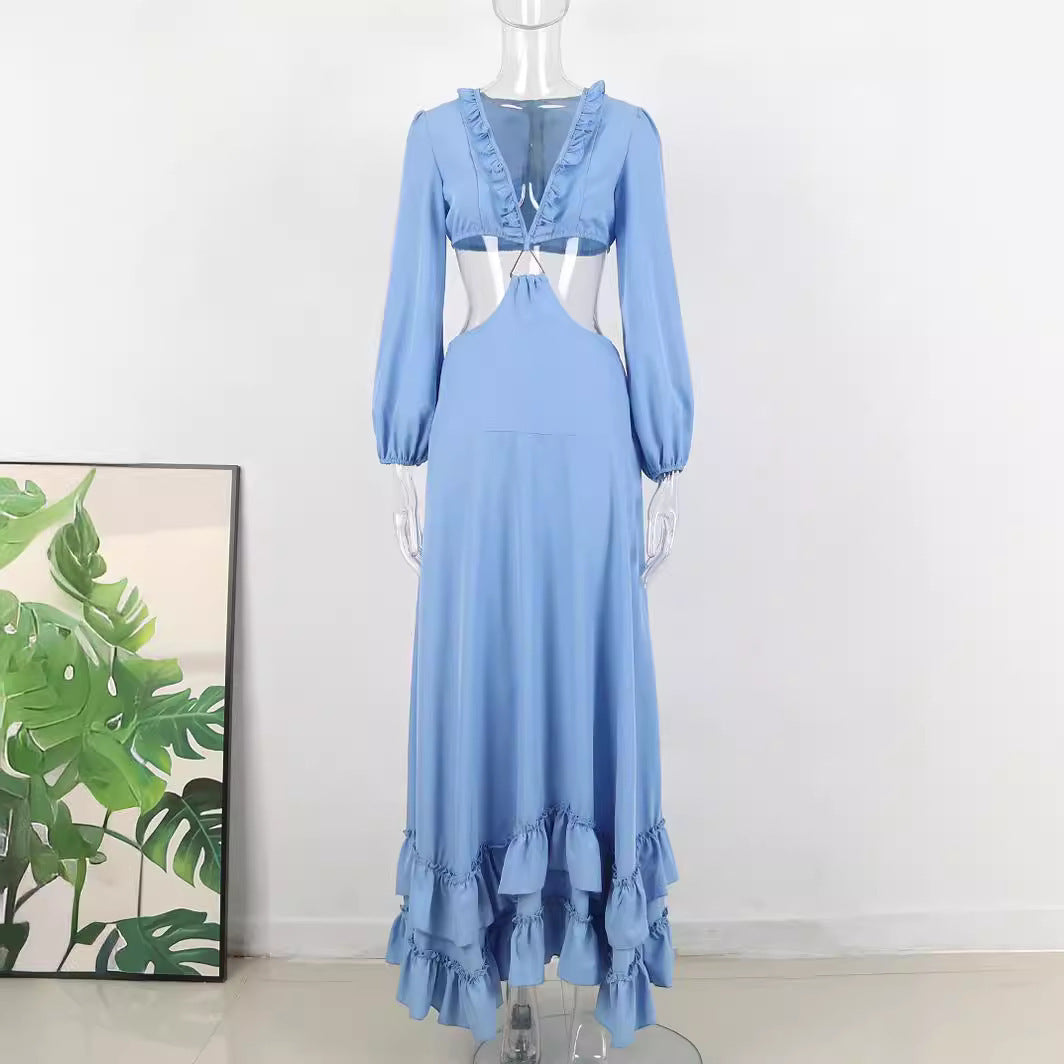 South France Pure Blue Deep V-neck Midriff Outfit Women's Long Sleeve Long Dress