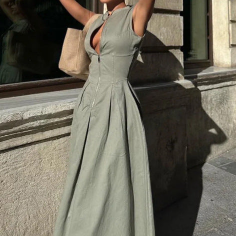 Monaco Sleeveless V-neck Casual Waist Zipper Collar Dress