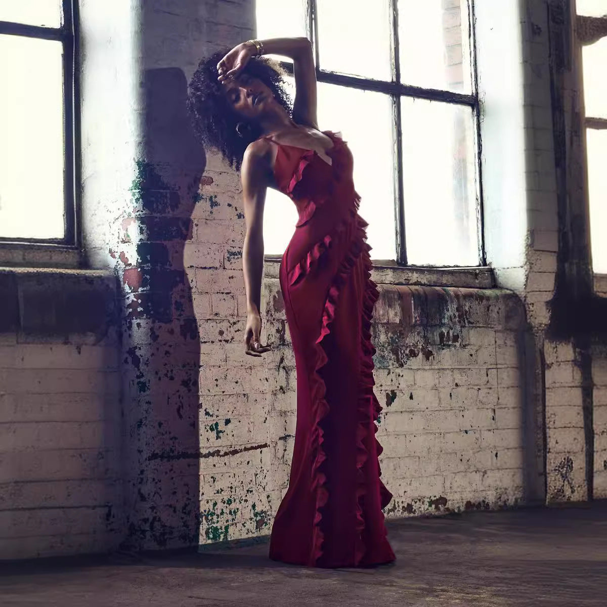 Valencia Women's V-neck Shoulder Strap Side Slit Backless Dress